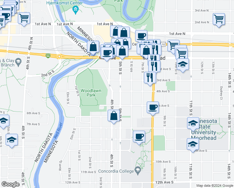 map of restaurants, bars, coffee shops, grocery stores, and more near 401 5th Street South in Moorhead