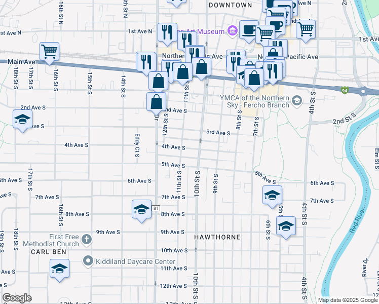 map of restaurants, bars, coffee shops, grocery stores, and more near 1006 4th Avenue South in Fargo