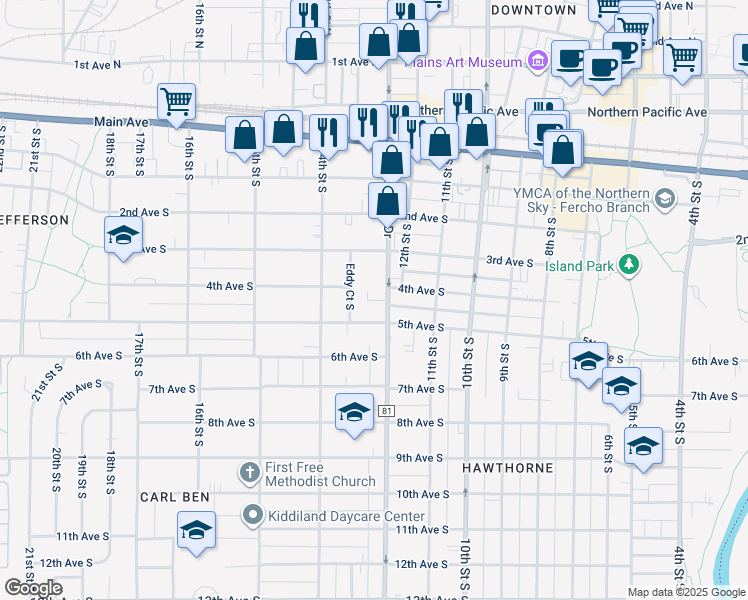 map of restaurants, bars, coffee shops, grocery stores, and more near 406 Eddy Court South in Fargo