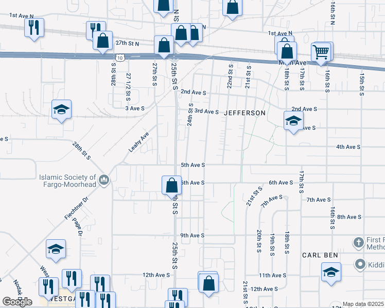 map of restaurants, bars, coffee shops, grocery stores, and more near 433 23rd Street South in Fargo