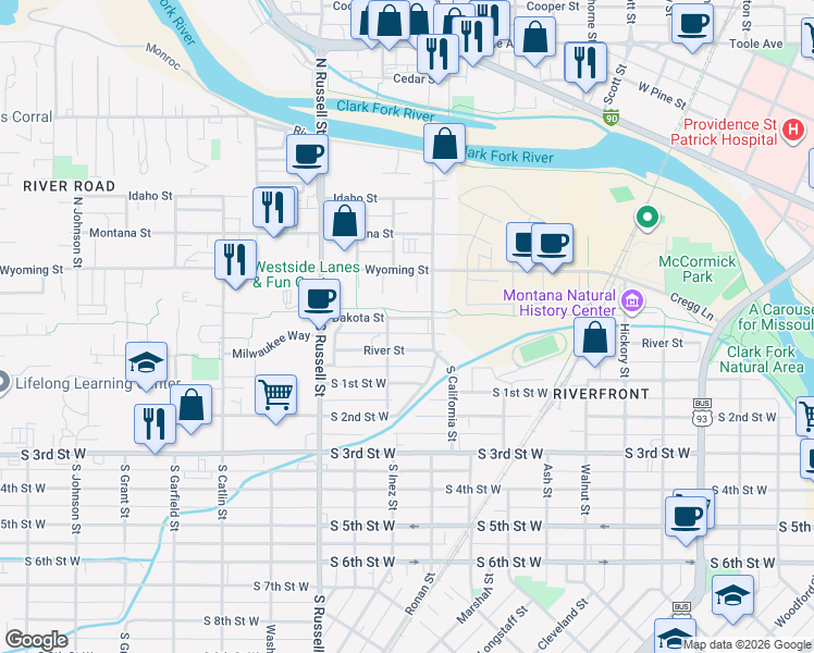 map of restaurants, bars, coffee shops, grocery stores, and more near 1261 Dakota Street in Missoula