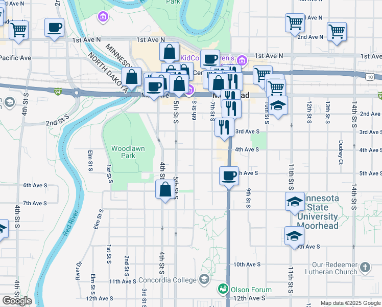 map of restaurants, bars, coffee shops, grocery stores, and more near 403 South 6th Street in Moorhead