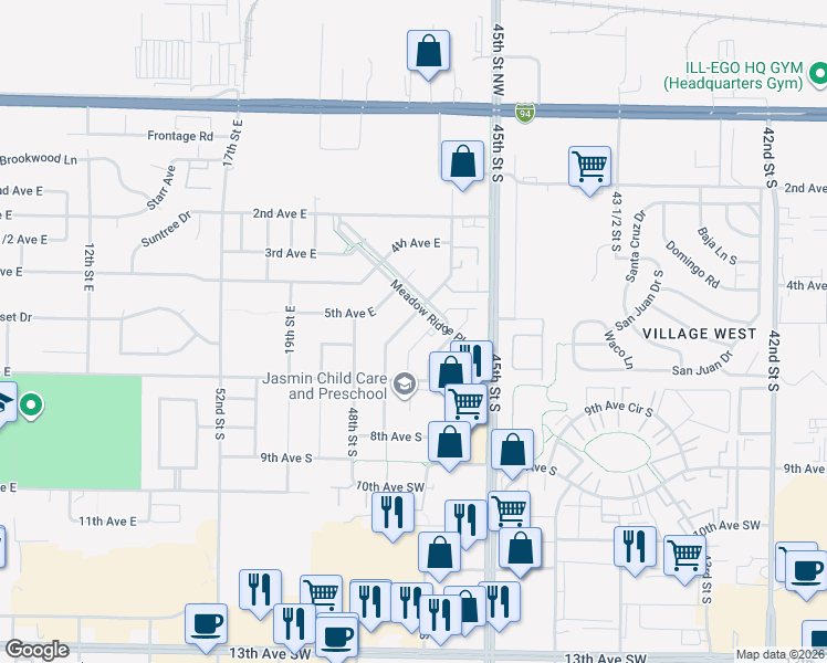 map of restaurants, bars, coffee shops, grocery stores, and more near 573 22nd Street East in West Fargo