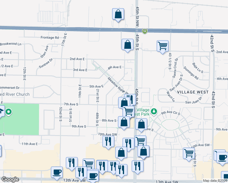 map of restaurants, bars, coffee shops, grocery stores, and more near 573 22nd Street East in West Fargo