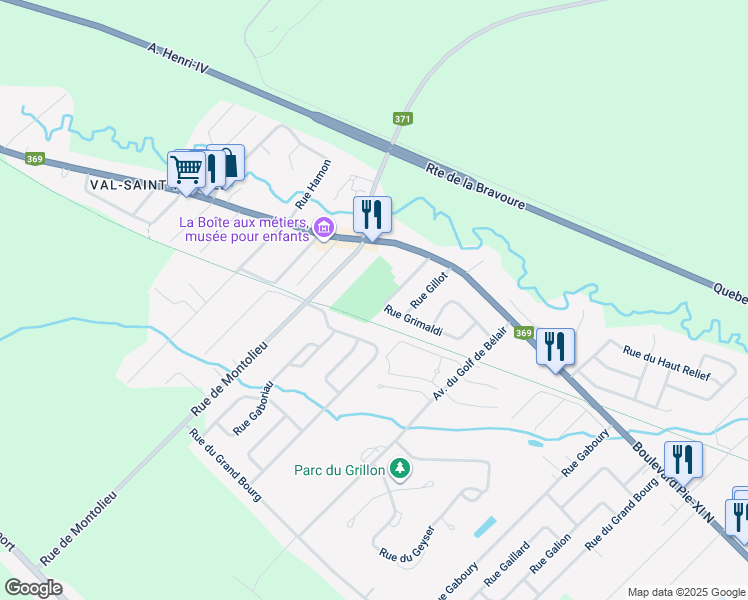 map of restaurants, bars, coffee shops, grocery stores, and more near 1374 Rue Grimaldi in Québec