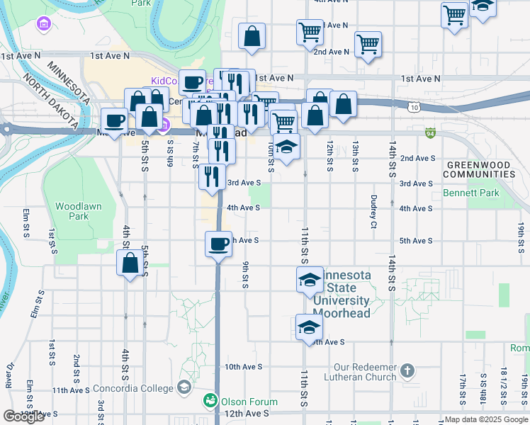 map of restaurants, bars, coffee shops, grocery stores, and more near 403 10th Street South in Moorhead