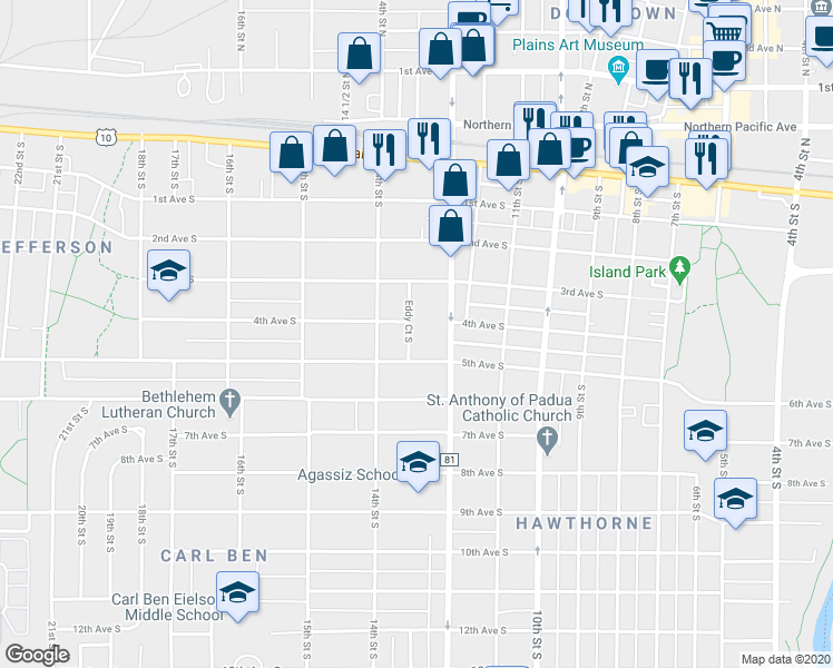 map of restaurants, bars, coffee shops, grocery stores, and more near 406 Eddy Court South in Fargo