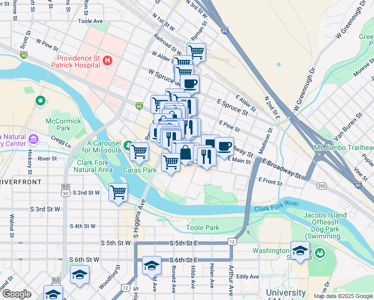 map of restaurants, bars, coffee shops, grocery stores, and more near 212 East Main Street in Missoula