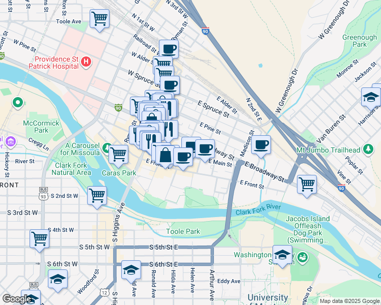 map of restaurants, bars, coffee shops, grocery stores, and more near 300 East Main Street in Missoula