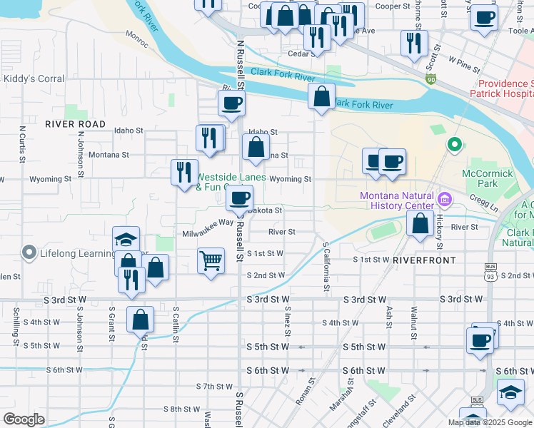 map of restaurants, bars, coffee shops, grocery stores, and more near 1335 Dakota Street in Missoula