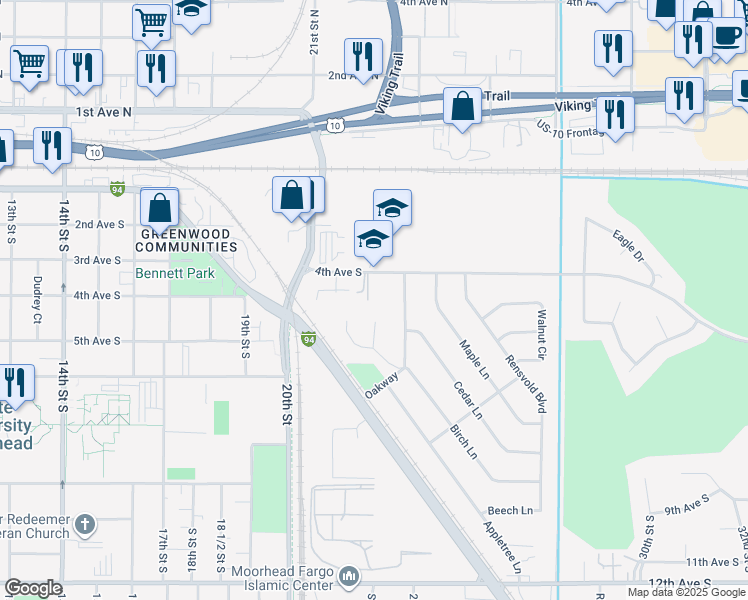 map of restaurants, bars, coffee shops, grocery stores, and more near 2315 4th Avenue South in Moorhead