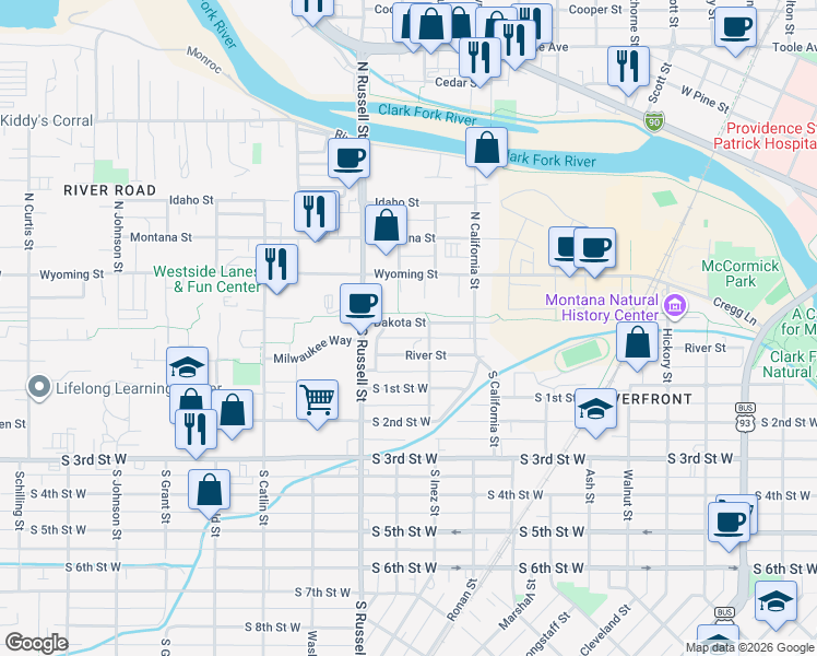 map of restaurants, bars, coffee shops, grocery stores, and more near 1335 Dakota Street in Missoula