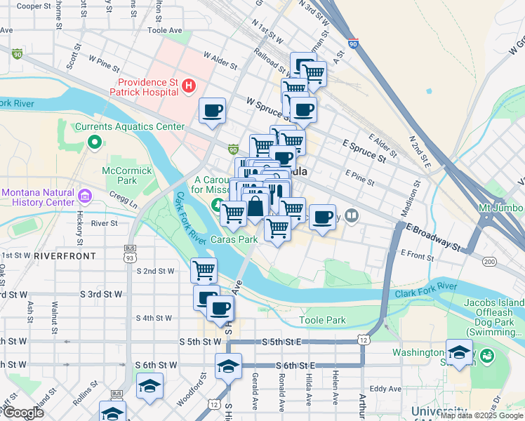 map of restaurants, bars, coffee shops, grocery stores, and more near 111 North Higgins Avenue in Missoula