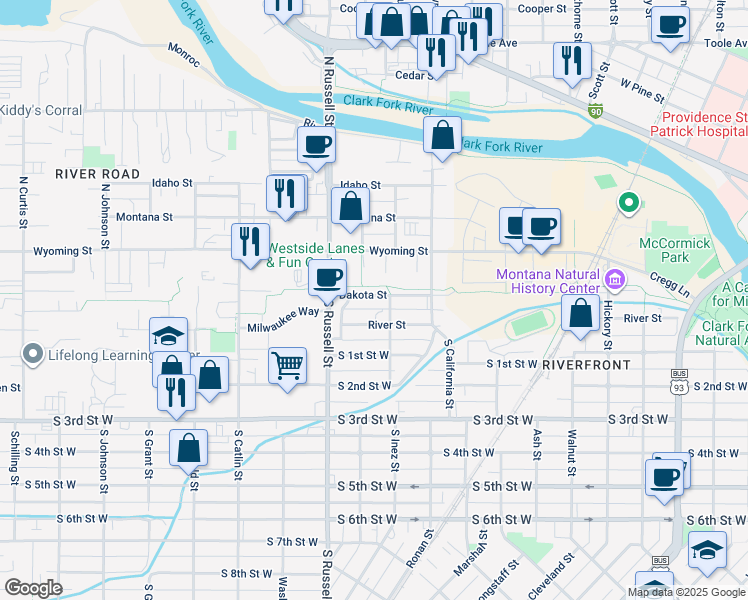 map of restaurants, bars, coffee shops, grocery stores, and more near 1335 Dakota Street in Missoula