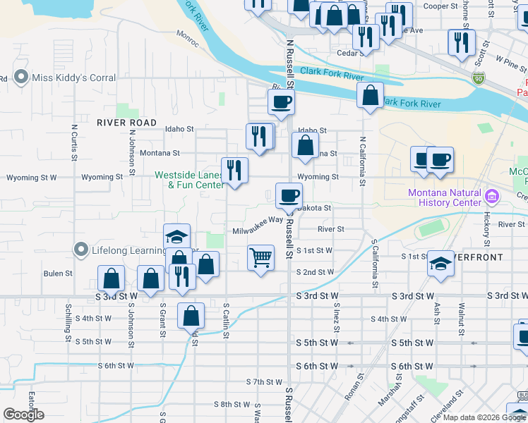 map of restaurants, bars, coffee shops, grocery stores, and more near 1580 Milwaukee Way in Missoula
