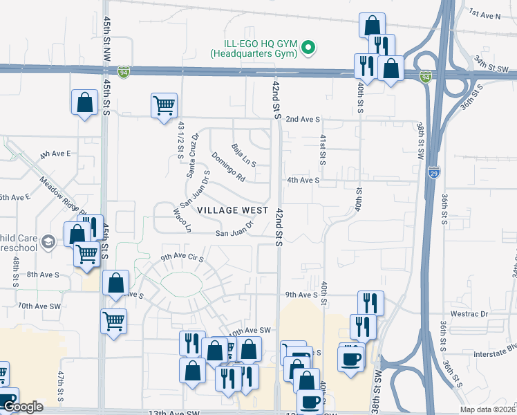 map of restaurants, bars, coffee shops, grocery stores, and more near 4420 Montego Avenue in Fargo