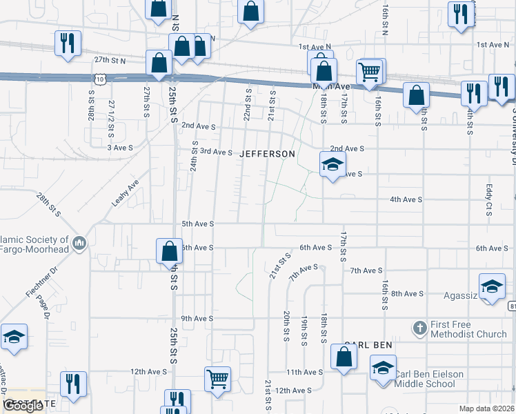map of restaurants, bars, coffee shops, grocery stores, and more near 433 21st Street South in Fargo