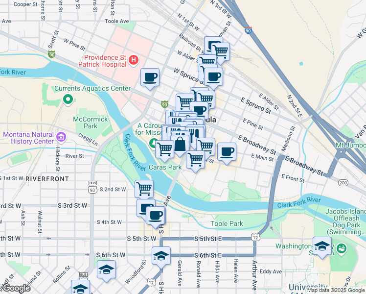 map of restaurants, bars, coffee shops, grocery stores, and more near 115 West Main Street in Missoula
