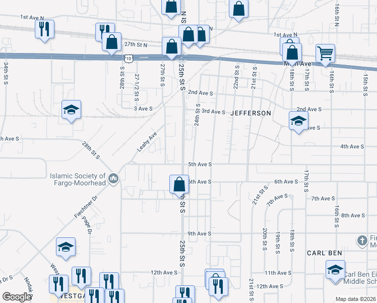 map of restaurants, bars, coffee shops, grocery stores, and more near 428 25th Street South in Fargo