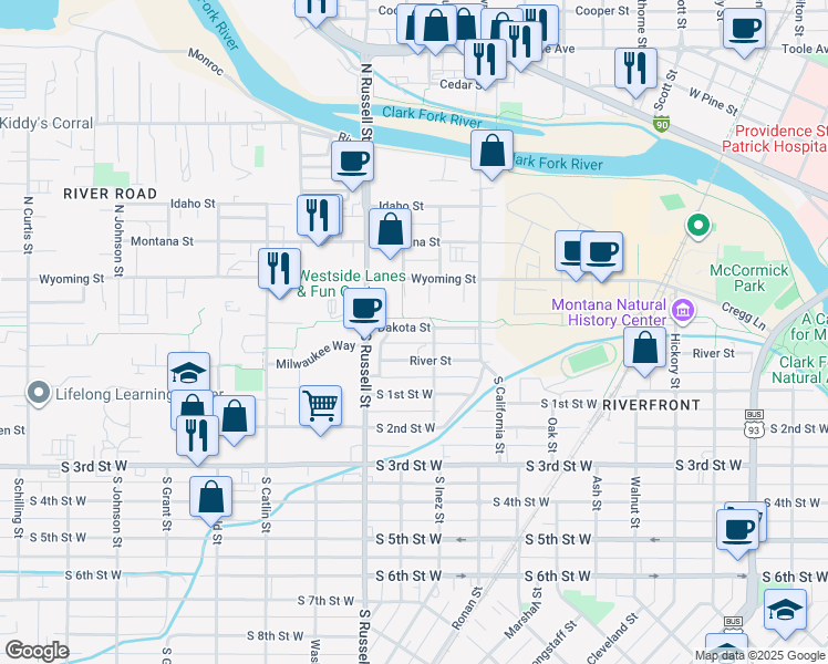 map of restaurants, bars, coffee shops, grocery stores, and more near 1335 Dakota Street in Missoula