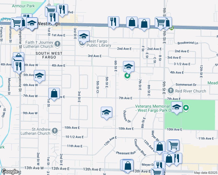 map of restaurants, bars, coffee shops, grocery stores, and more near 537 5th Street East in West Fargo