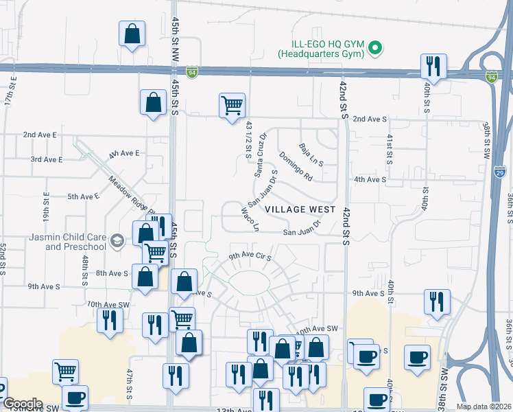 map of restaurants, bars, coffee shops, grocery stores, and more near 4797 San Juan Drive South in Fargo