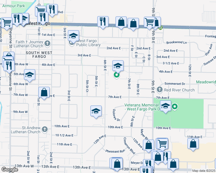 map of restaurants, bars, coffee shops, grocery stores, and more near 601 6th Street East in West Fargo
