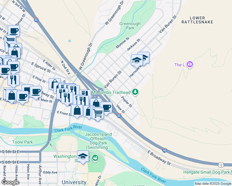 map of restaurants, bars, coffee shops, grocery stores, and more near 1007 Poplar Street in Missoula