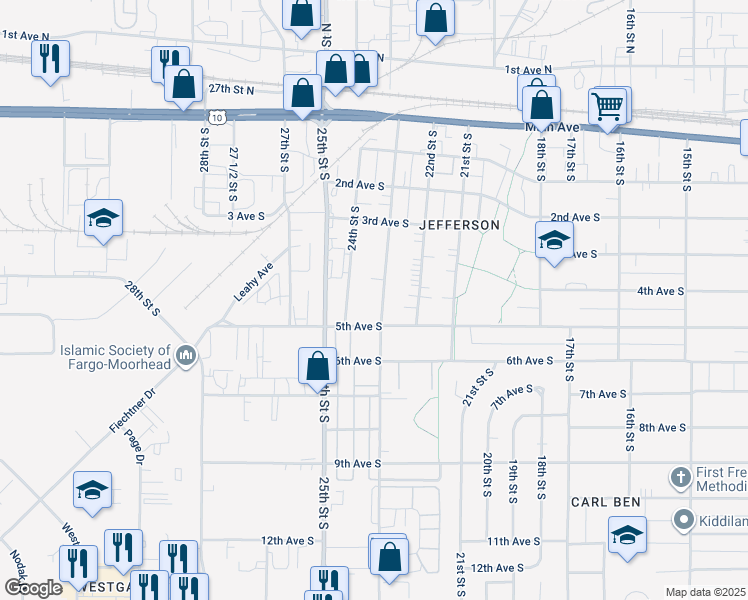 map of restaurants, bars, coffee shops, grocery stores, and more near 433 23rd Street South in Fargo