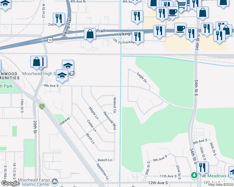 map of restaurants, bars, coffee shops, grocery stores, and more near 2712 Walnut Circle in Moorhead