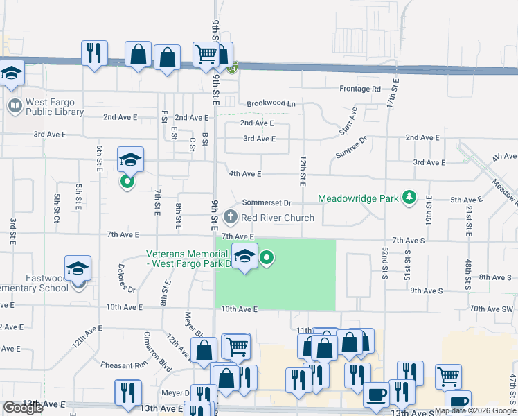 map of restaurants, bars, coffee shops, grocery stores, and more near 525 10th Street East in West Fargo