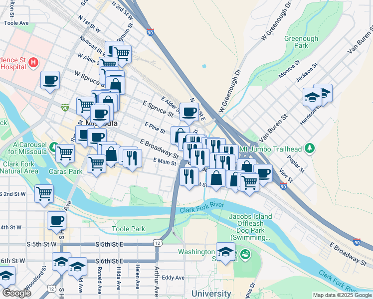 map of restaurants, bars, coffee shops, grocery stores, and more near 321 Madison Street in Missoula