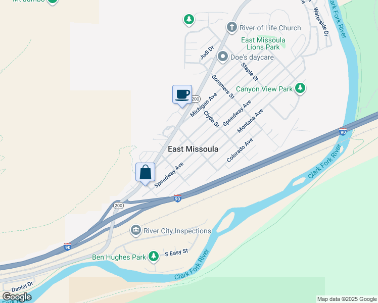 map of restaurants, bars, coffee shops, grocery stores, and more near in East Missoula