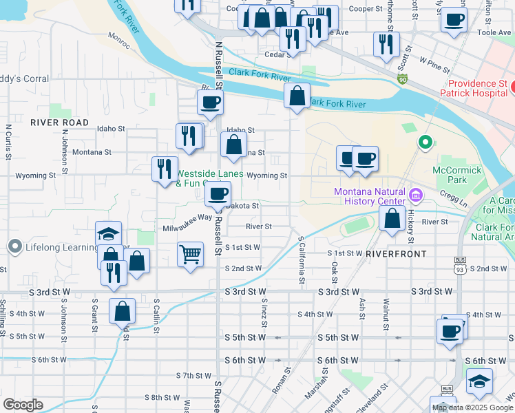 map of restaurants, bars, coffee shops, grocery stores, and more near 1335 Dakota Street in Missoula