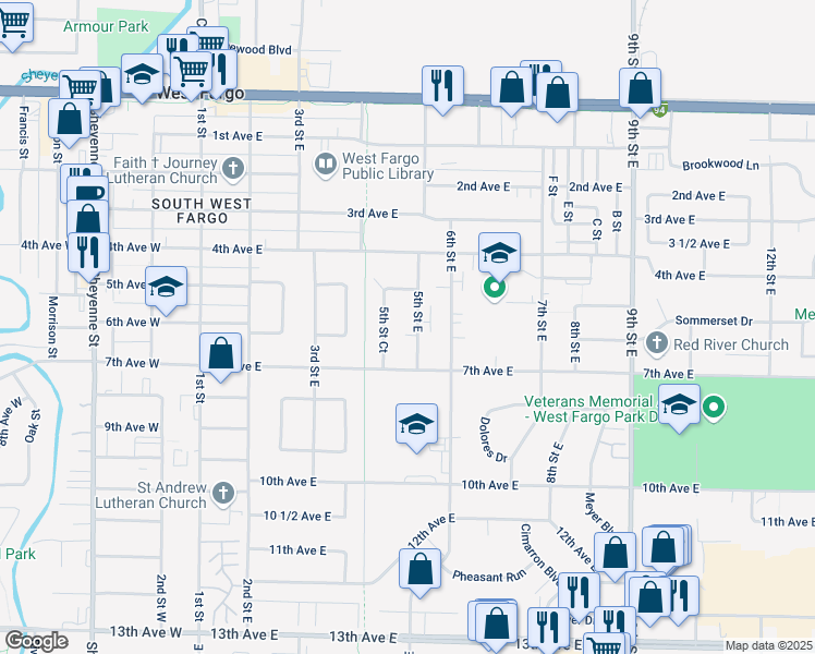 map of restaurants, bars, coffee shops, grocery stores, and more near 537 5th Street East in West Fargo