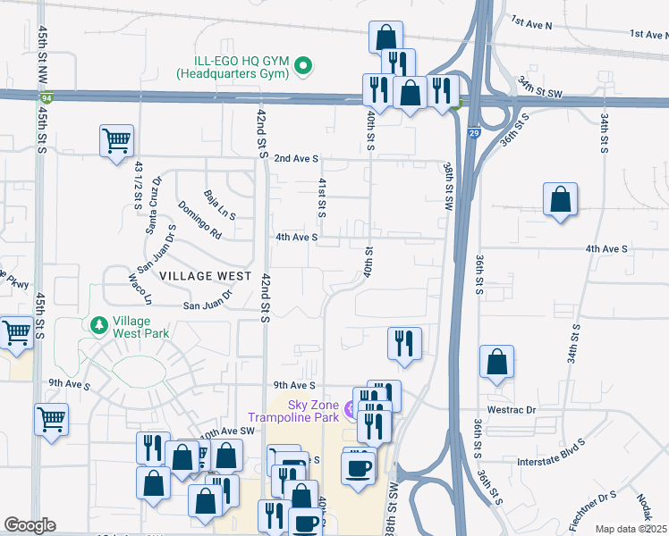 map of restaurants, bars, coffee shops, grocery stores, and more near 511 40th Street South in Fargo
