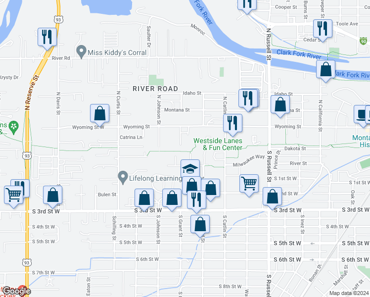 map of restaurants, bars, coffee shops, grocery stores, and more near 110 North Grant Street in Missoula