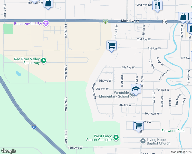map of restaurants, bars, coffee shops, grocery stores, and more near 538 Westwynd Drive in West Fargo