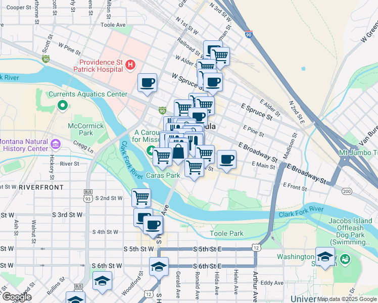 map of restaurants, bars, coffee shops, grocery stores, and more near 118 North Higgins Avenue in Missoula