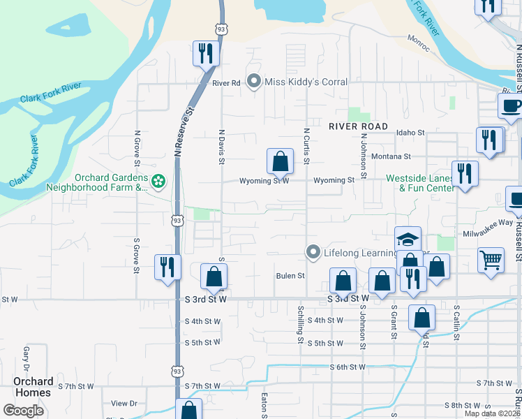 map of restaurants, bars, coffee shops, grocery stores, and more near 2327 Classic Court in Missoula
