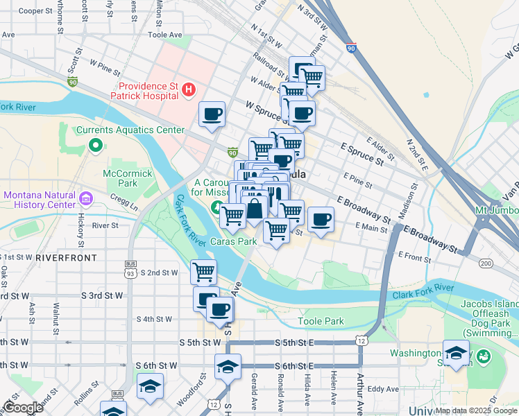 map of restaurants, bars, coffee shops, grocery stores, and more near 111 North Higgins Avenue in Missoula