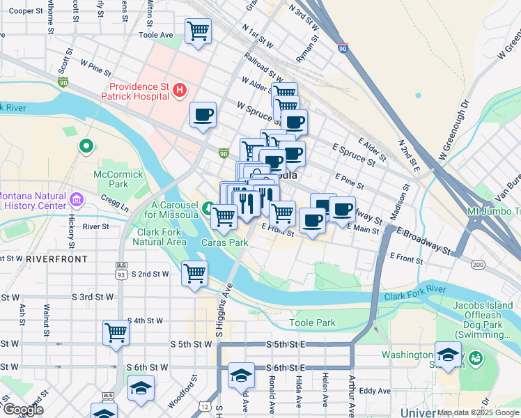 map of restaurants, bars, coffee shops, grocery stores, and more near 115 West Main Street in Missoula