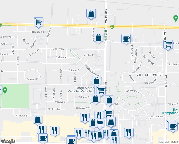 map of restaurants, bars, coffee shops, grocery stores, and more near 555 22nd Street East in West Fargo