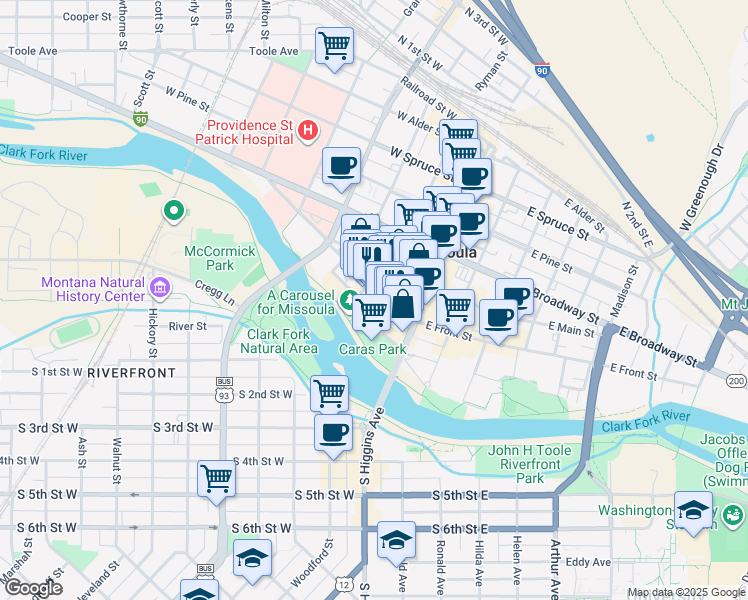 map of restaurants, bars, coffee shops, grocery stores, and more near 213 West Front Street in Missoula