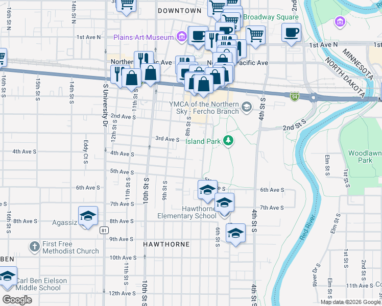 map of restaurants, bars, coffee shops, grocery stores, and more near 310 8th Street South in Fargo