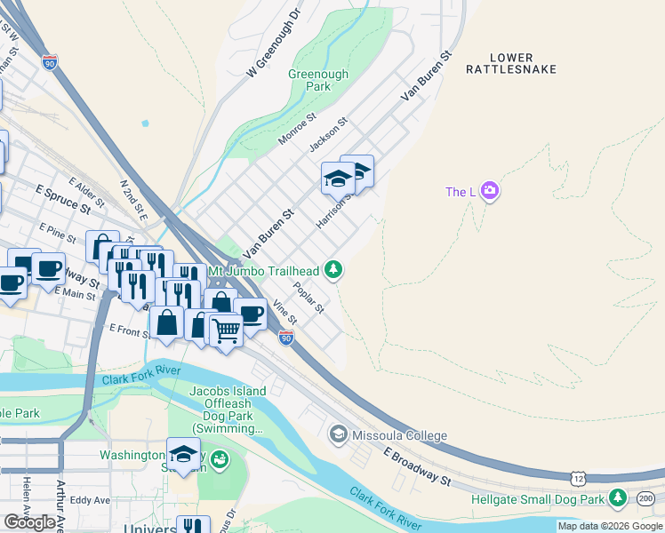 map of restaurants, bars, coffee shops, grocery stores, and more near 900 Taylor Street in Missoula
