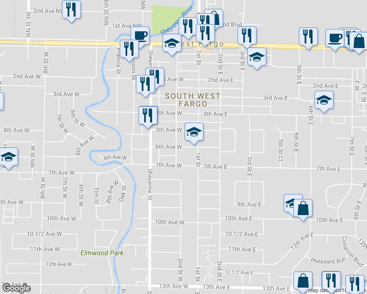 map of restaurants, bars, coffee shops, grocery stores, and more near 117 6th Ave W in West Fargo