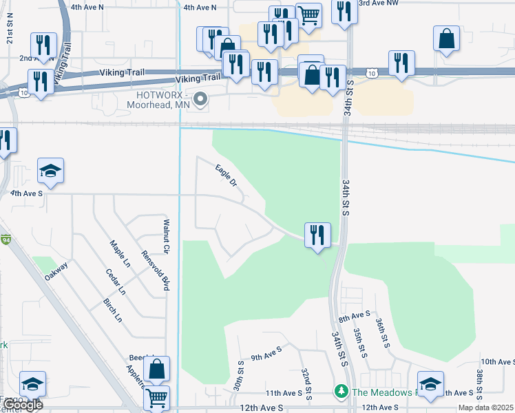 map of restaurants, bars, coffee shops, grocery stores, and more near 2960 4 Avenue South in Moorhead