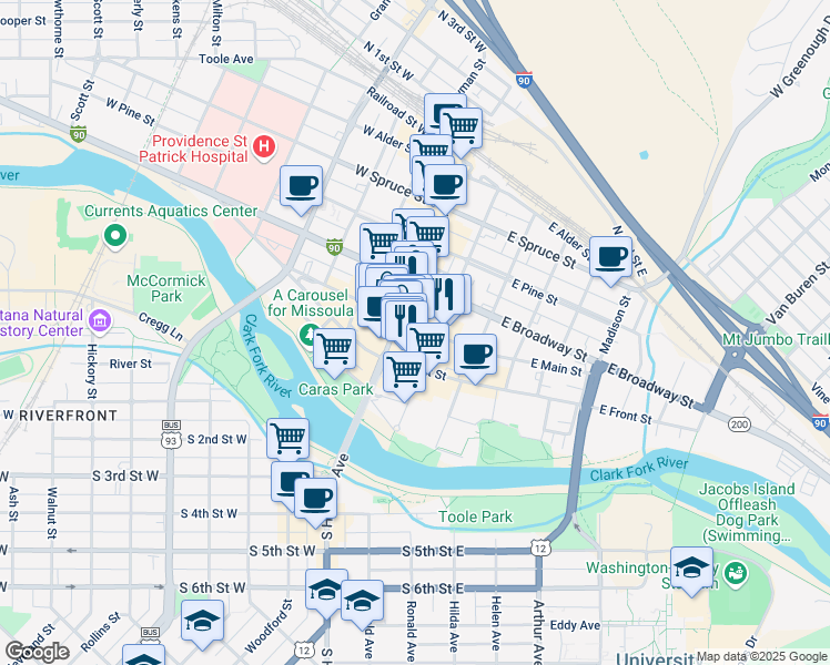 map of restaurants, bars, coffee shops, grocery stores, and more near 127 East Main Street in Missoula