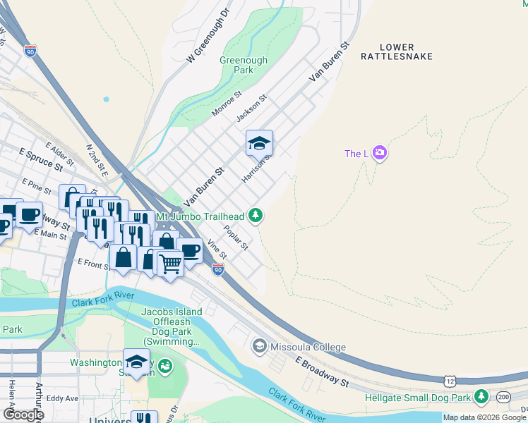 map of restaurants, bars, coffee shops, grocery stores, and more near 900 Taylor Street in Missoula